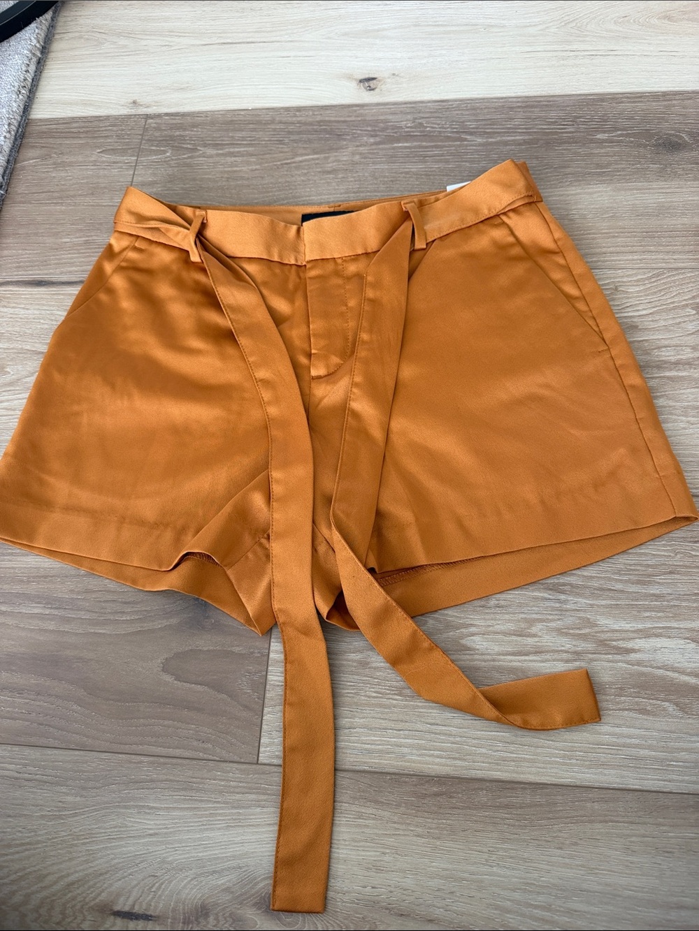 Banana Republic High-Waist Belted Satin Shorts in Burnt Orange